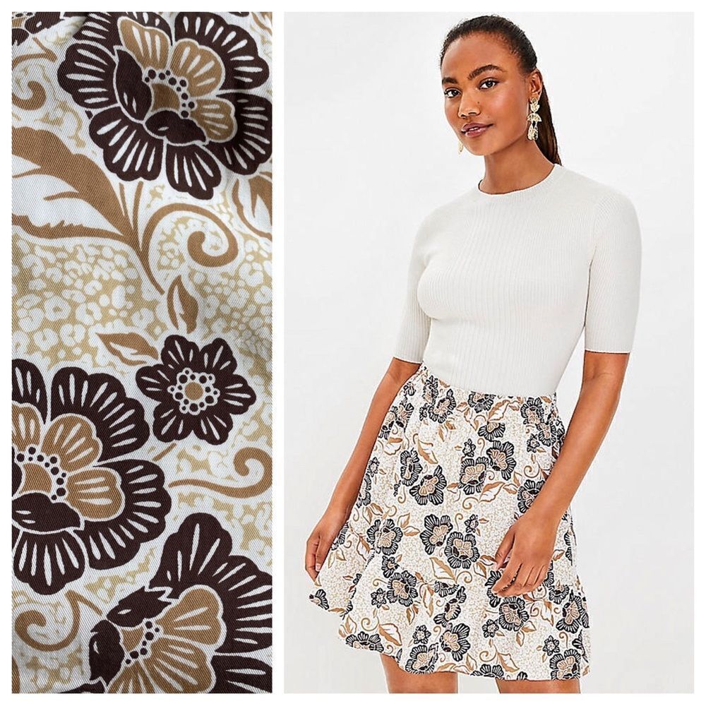 Loft Skirt Floral Cheetah Print Tan Brown Cream XS Petite Preppy